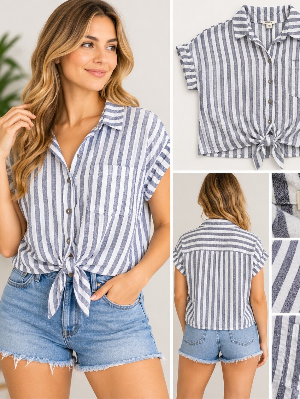 Roxy White and Gray Striped Tie-Front Blouse